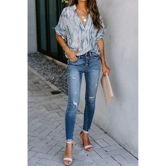 Women’s Summer Chiffon Blouse Casual Short Sleeve V Neck Shirt Loose Tunic Tops - Picture 4 of 7